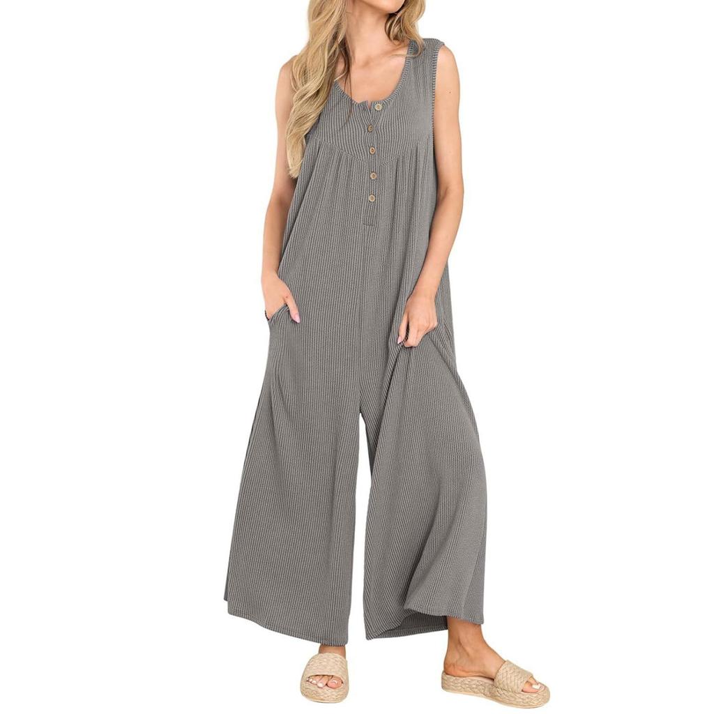 Women's Button Up Solid Color Round Neck Fresh Casual Women's Pocket Jumpsuit