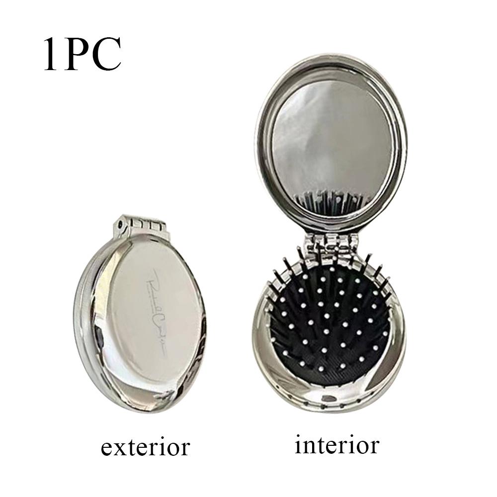 Портативная мини-серебряная карманная расческа для девочек и женщин, круглая, маленькая дорожная массажная щетка для волос с зеркалом, аксессуары для укладки