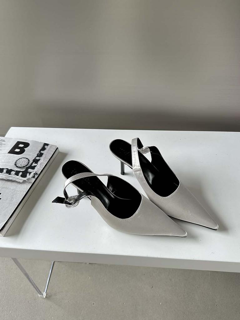 Модные женские босоножки с острым носком, летние туфли, тонкие высокие каблуки, ремешок сзади, стразы, пряжка, сексуальные шлепанцы, розовые, бежевые, черные, 35-39