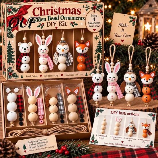 Christmas Craft Kits for Families Wooden Bead Ornament DIY Kit, Make 4 Beaded Pendants, Festive Home Decor Projects Handmade Holiday Hanging