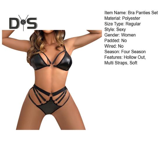 2 Pcs/Set Bra Panties Set Hollow Out Faux Leather Solid Color Wireless Unpadded Elastic Multi Straps Soft Lady Bra Panties Set Wedding Night Bedroom