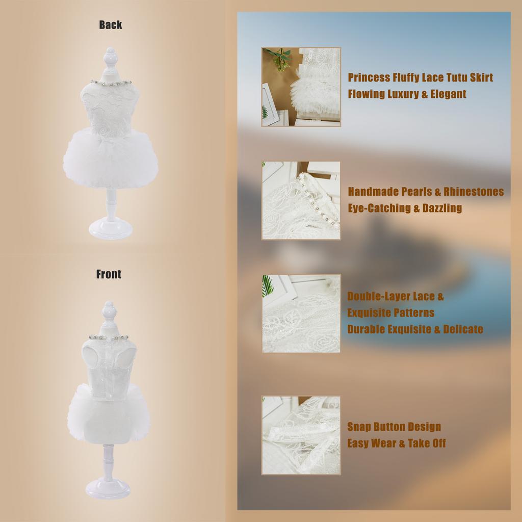 White Dog Dress Puppy Luxury Lace & Pearl Skirt Dog Clothes Princess Dresses Wedding Classic Dress Tutu Skirt for Small Dogs Cat