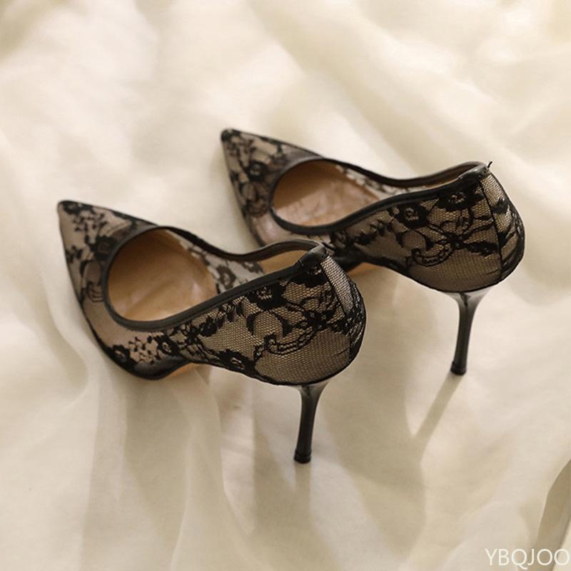 Женская обувь Дышащая кружевная сетка Сексуальные высокие каблуки Дизайнерская ниша Темперамент Остроносые тонкие туфли-лодочки Универсальные однотонные