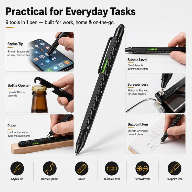 Multifunctional Metal Ballpoint Tool Pen Gift Set with Light, Bottle Opener, Stylus, and Ruler