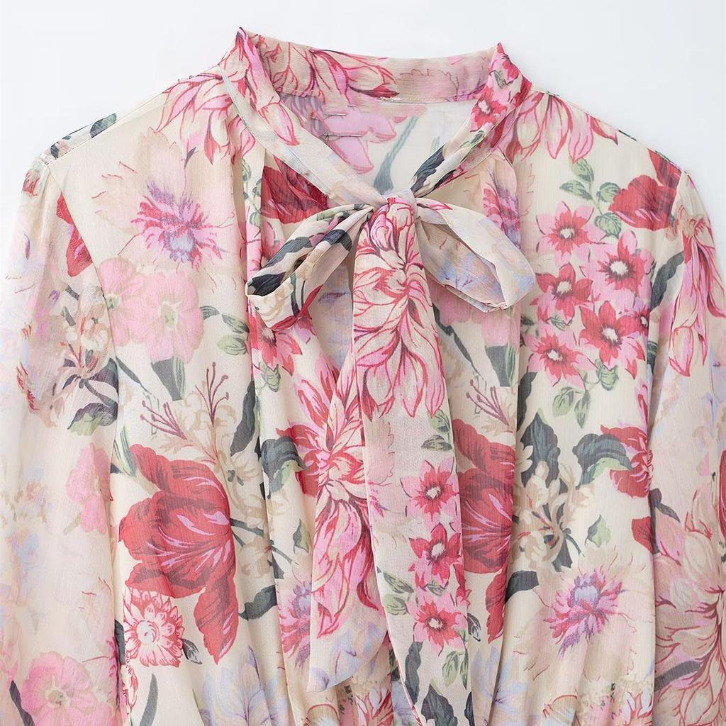 Весеннее платье миди с цветочным принтом, поясом, воротником-бантом и длинными рукавами для женщин.