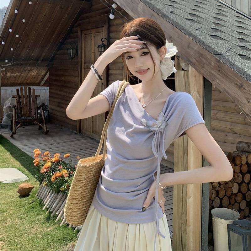French Irregular Design Short Sleeve Butterfly Top With Embroidery For Summer Fashion