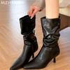 Модные женские ботинки до середины икры с острым носком, кожаные, сексуальные, на высоком каблуке, плиссированные туфли, женский тренд 2024, зимние элегантные туфли-лодочки Mujer Botas