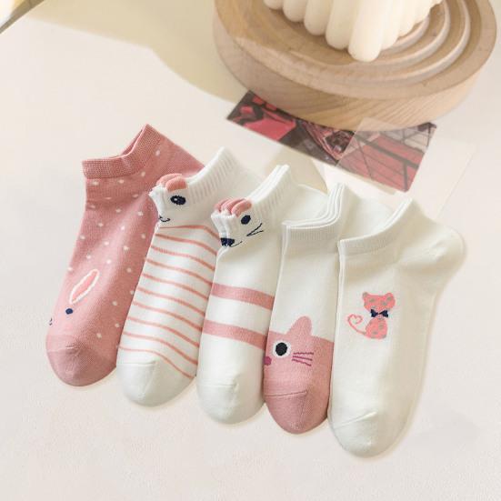 5 Pairs Women Socks Refreshing Flower Prints Mid-tube Shallow-cut High Elasticity Soft Breathable Sweat Absorption Anti-slip Girls Daily Sports Socks
