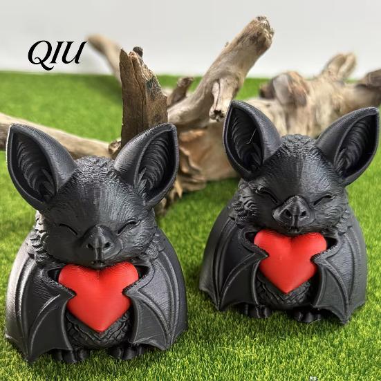 Matte Black Bat Statue Cute Red Heart 3D Printed Halloween Decoration Novelty Tabletop Sculpture for Spooky Love Design Party Haunted House