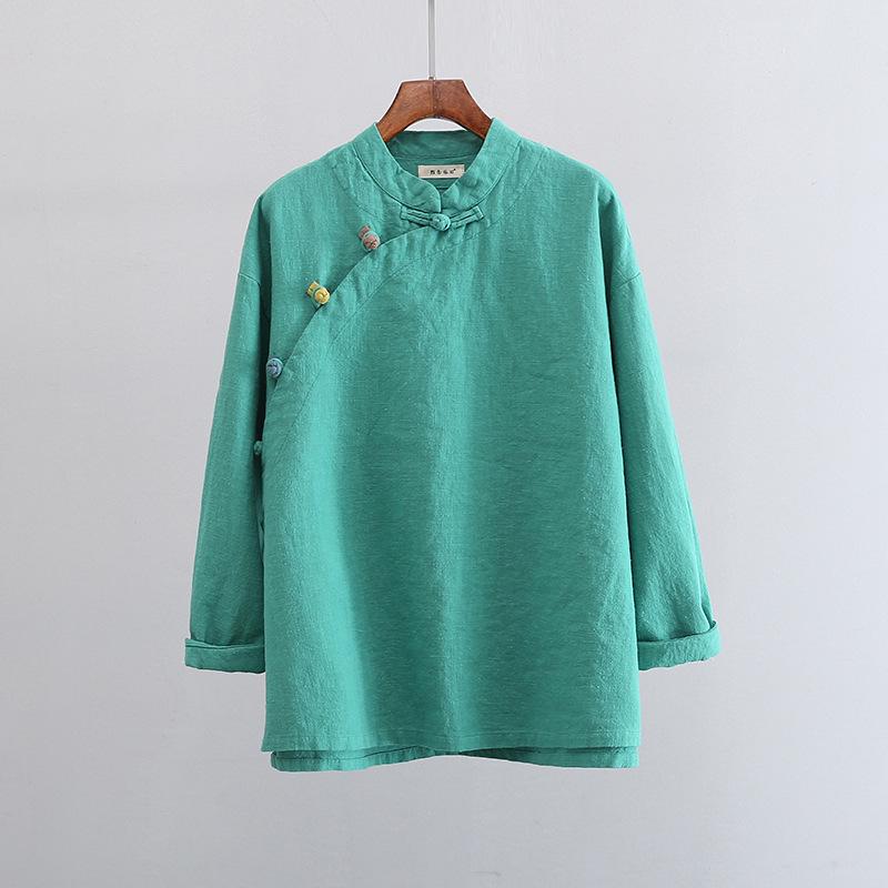 Artistic Retro Chinese Style Women's Ramie Frog Button Long Sleeve Shirt for Spring and Autumn Tea Ceremonies