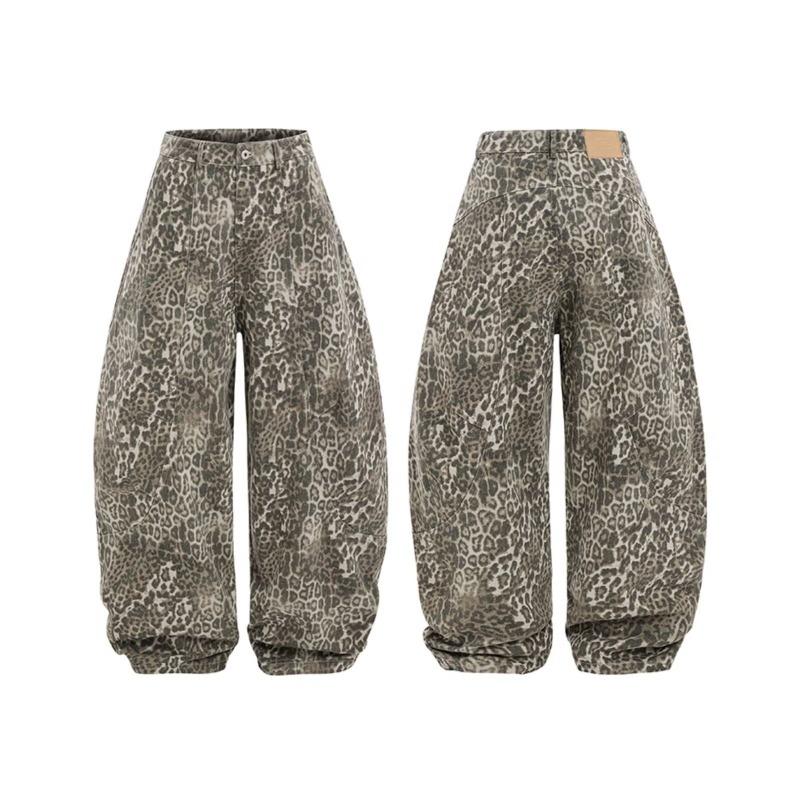Стильные Spice Girl Универсальный силуэт Джинсы с принтом "стиранный леопард" Летние Ленивые Свободные Универсальные Узкие брюки