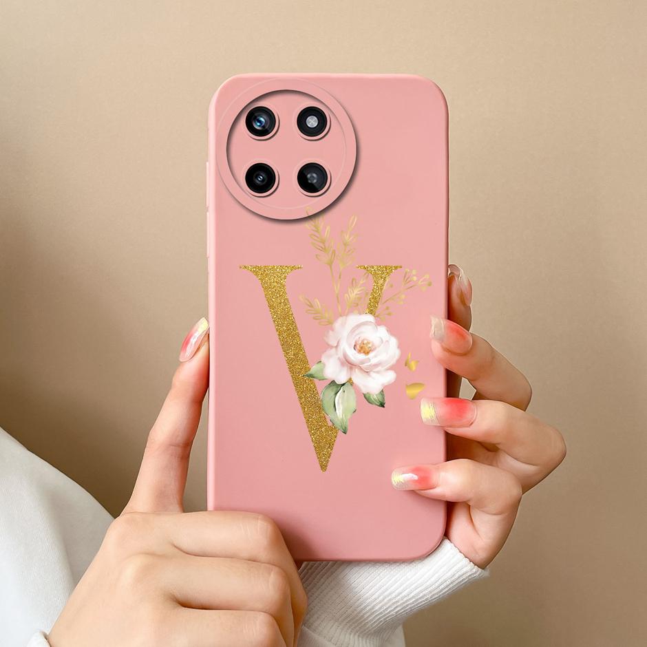 Чехол для телефона OPPO Realme 11 4G Милые Цветочные Буквы Матовый Жидкий Силикон Задняя Крышка Для Realme11 4G Ударопрочный Ультратонкий Корпус