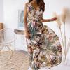 Sexy Plant And Flower Printed Sleeveless Beach Dress Women Summer Casual V-neck Loose Ladies Dress For Vacation Vestidos 25434