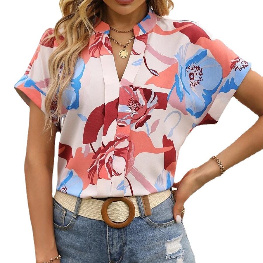 Summer Retro Ladies Short Sleeve Printed T-Shirt Casual Loose Blouse Pullover Tops