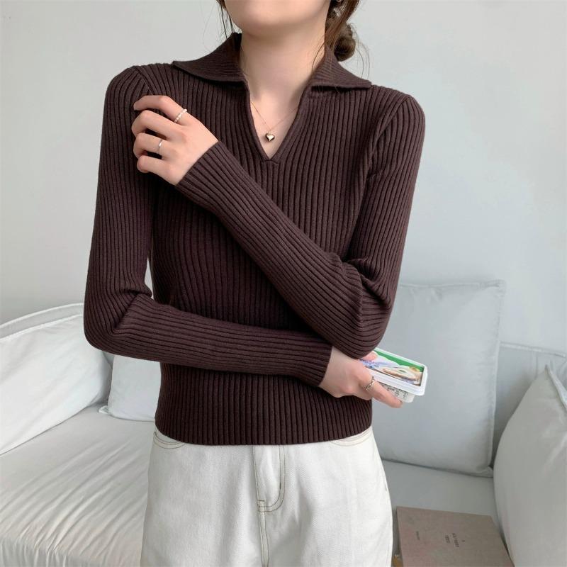 Polo Collar Long-sleeved Knitted Sweater Women's Clothing Early Autumn New Waist Slim-fit Sweater with Bottoming Shirt Top