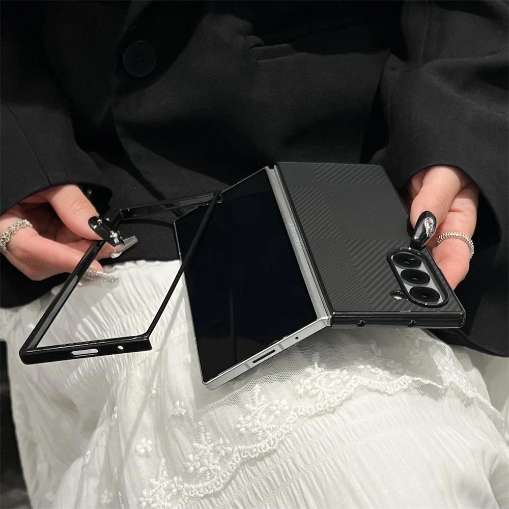 Luxury Kevlar Carbon Fiber Pattern Plating Phone Case For Samsung Z Fold 7 6 5 4 Shockproof Bumper Matte Solid Color Back Cover