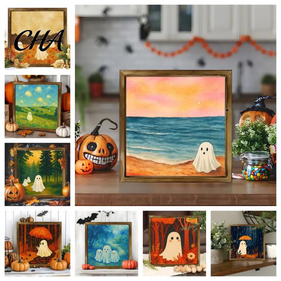 Spooky Fireplace Shelf Accents Halloween Ghost/Witch/Skeleton Decorative Painting, Wall Mount Square Wood Frame Wooden Decor Picture for Home Tabletop