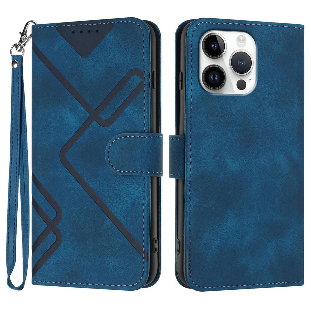 For iPhone 16 Pro Max Wallet Case Line Imprinted PU Leather Phone Cover with Strap