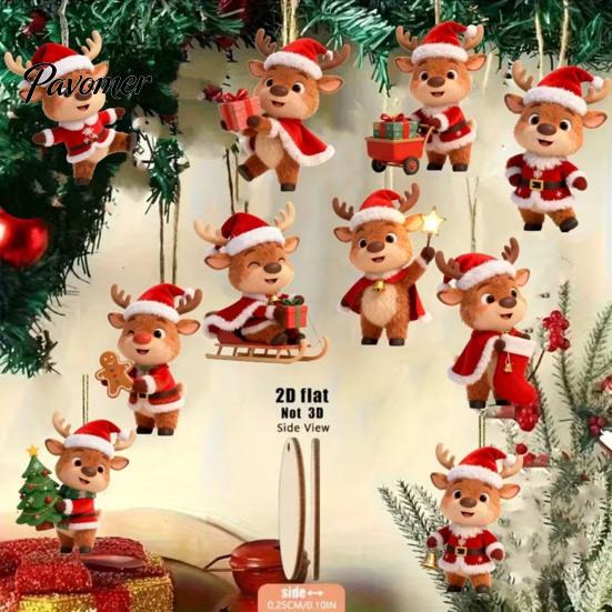 Lightweight Wooden Animal Ornaments Christmas Elk Ornaments, 2D Flat Cute Reindeer Hanging Decoration, Cartoon Holiday for Home Deer Pendants with Hat