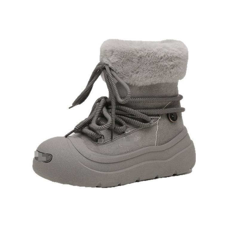 Plush Snow Boots Women's New Winter Mid-boots Plush Warm Big Head Lace-up Fluffy Boots