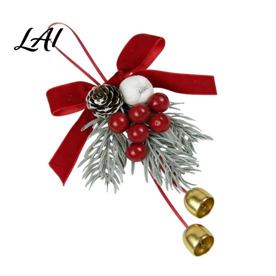 Christmas Tree Hanging Ornaments Bell Ornament Metal Jingle Decoration with Pine Cones Handmade Holiday Wreath Decor Berries Velvet Bow for
