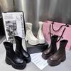 Модные женские ботинки с высоким голенищем, модные повседневные кожаные ботинки, облегающие эластичные ботинки, ботинки на платформе с квадратным носком, ботинки в стиле панк на молнии