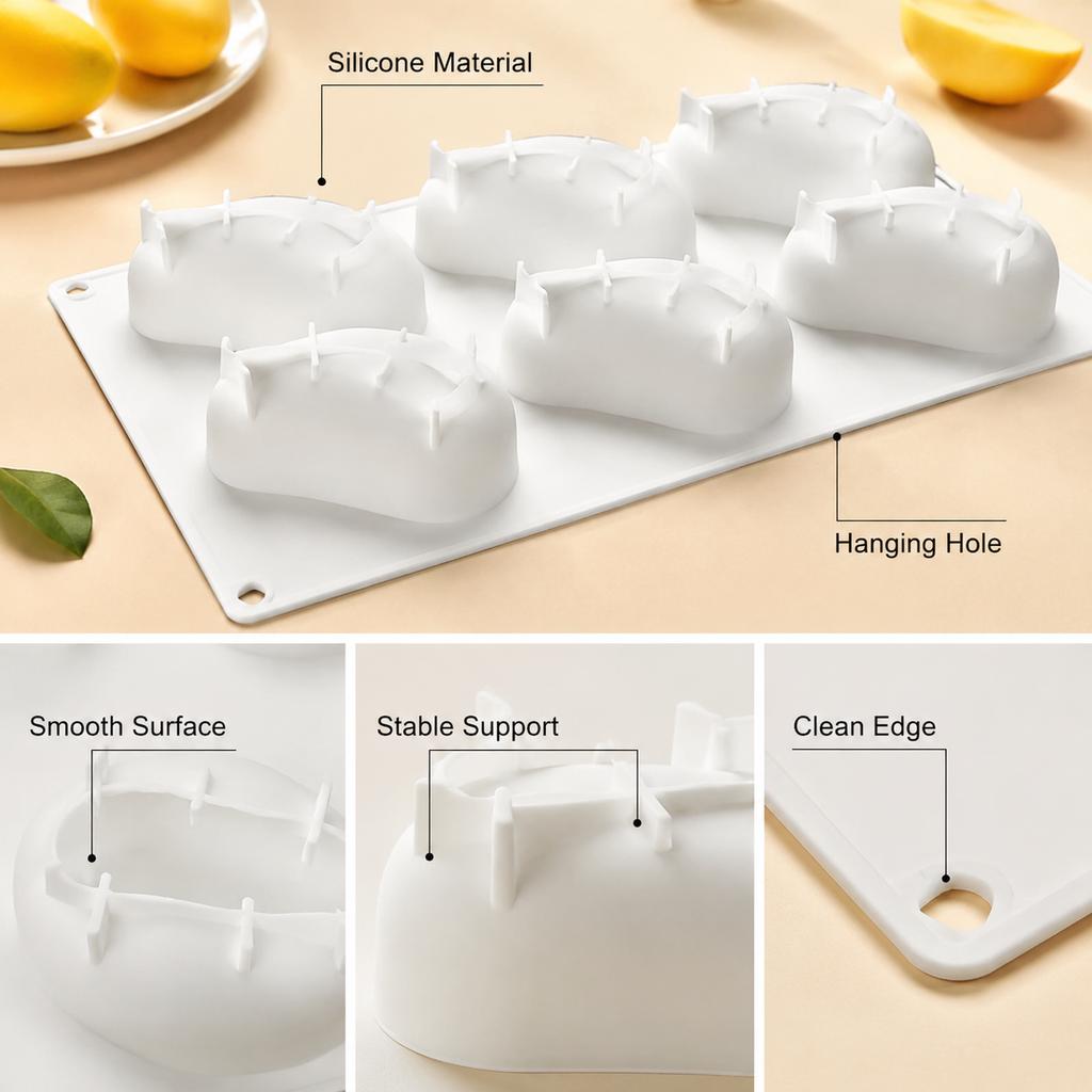 6-Cavity Mango Mousse Silicone Cake Mold, Non-Stick Dessert Baking Form with Hanging Holes