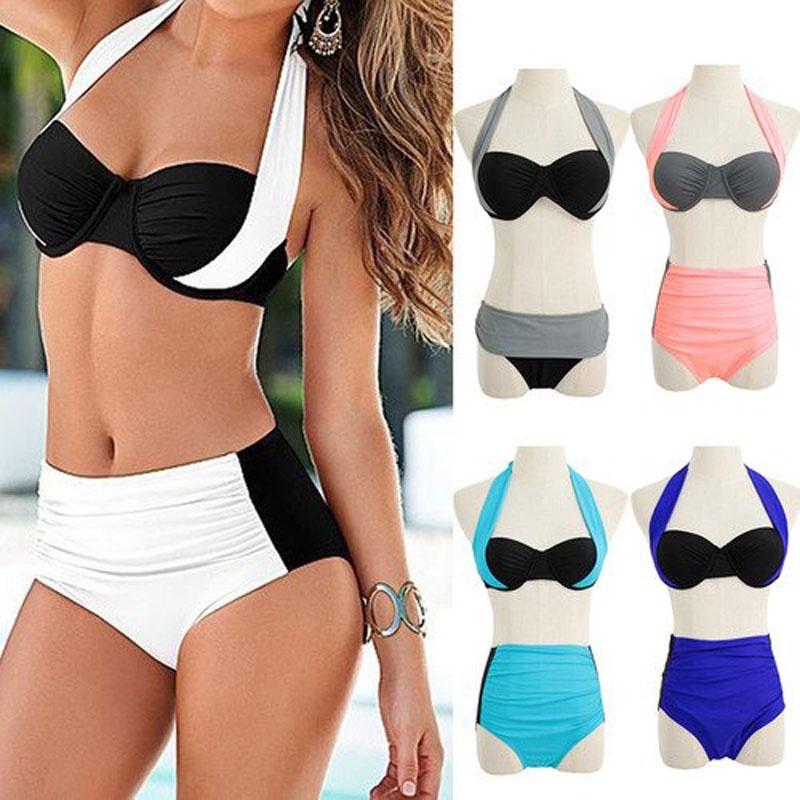 Set Bikini Women Contrast Block Halter Top High Waist Bottom Swimwear Beach