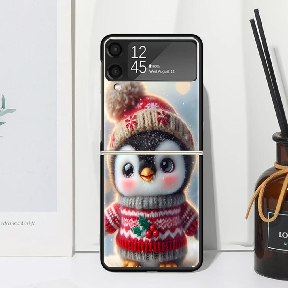 Christmas Penguin Phone Case Cover for Samsung Galaxy Z Flip 7 6 5 4 3 5G Flip3 Flip4 Flip5 ZFlip6 ZFlip7 Black Fundas Galaxy Z