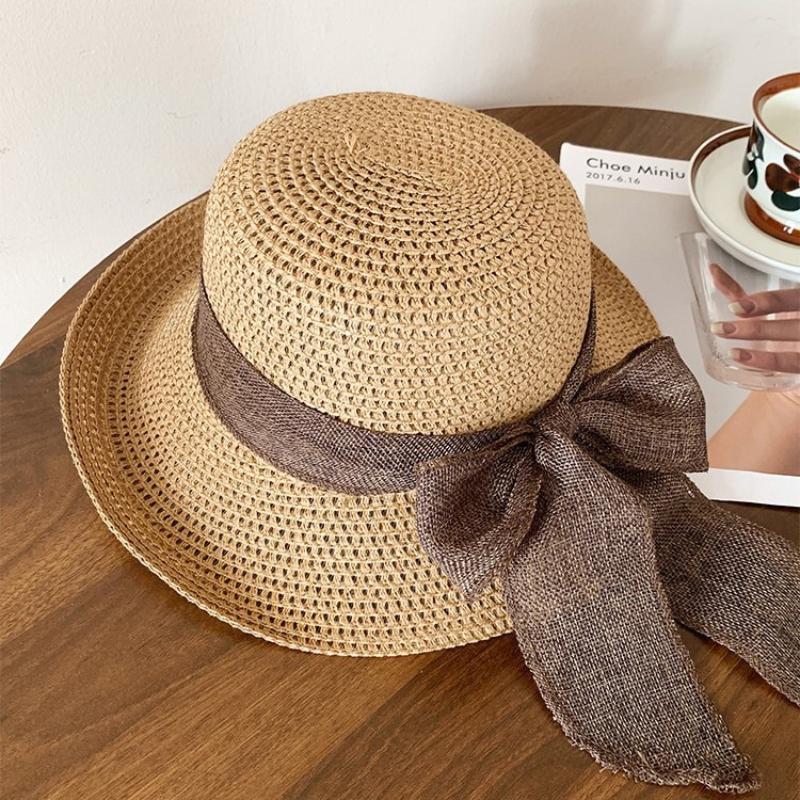 Hat Brim Straw Wide Foldable With Bowknot For Women Summer Sun Protection Casual Style