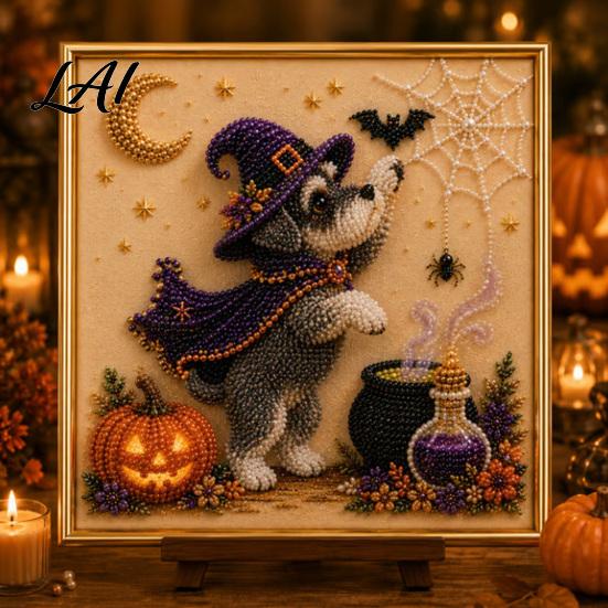 Puppy Themed Faux Pearl Painting Halloween Kit Art DIY Witch Seasonal Home Decor Projects Hat Bead Craft Kit for Adults And Teens Handmade