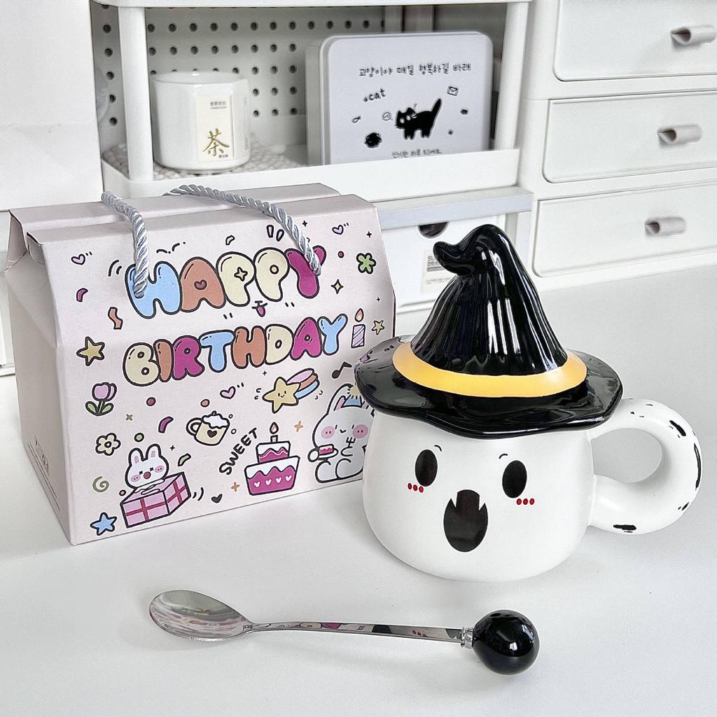 Weird Ghost Ceramic Mug with Lid for Girls' Birthday Gift, Girlfriend's Souvenir, Water Cup Gift Box