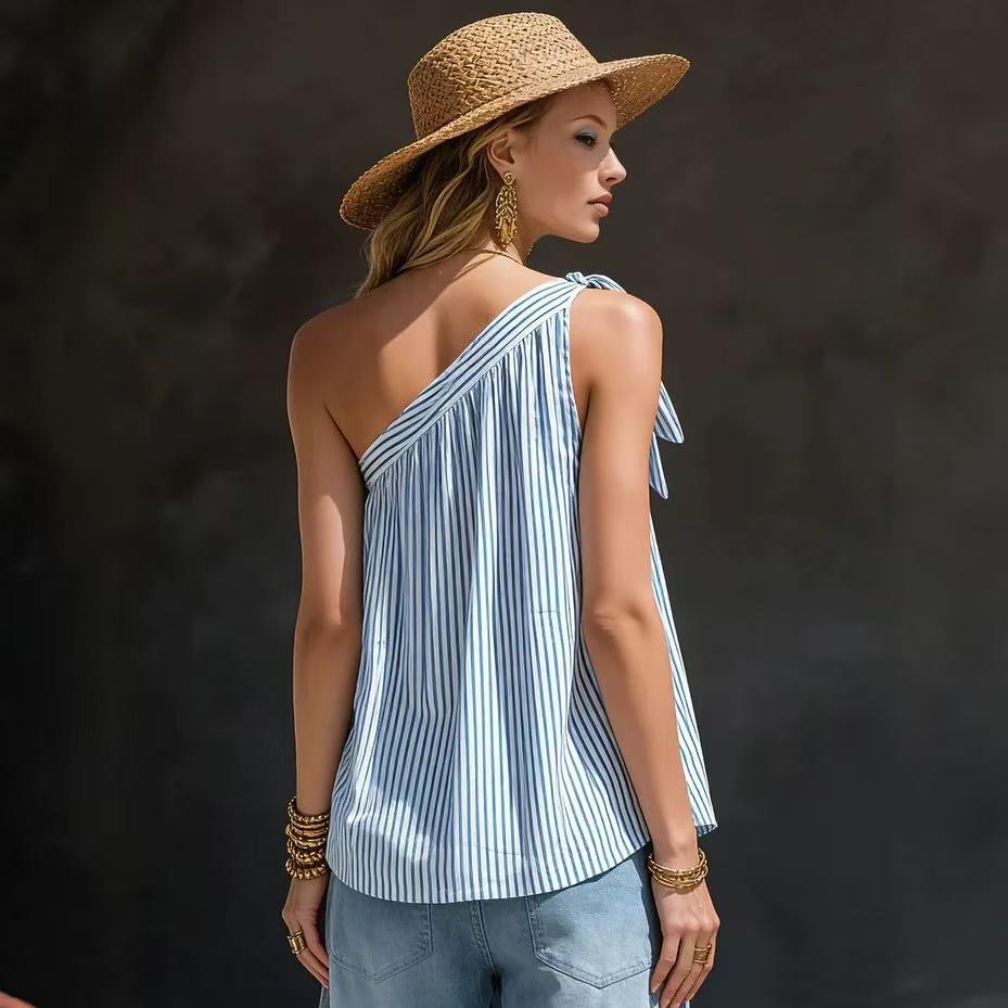 2026 cross-border new European and American style striped off-the-shoulder sleeveless top summer vacation loose fashion trend women's clothing