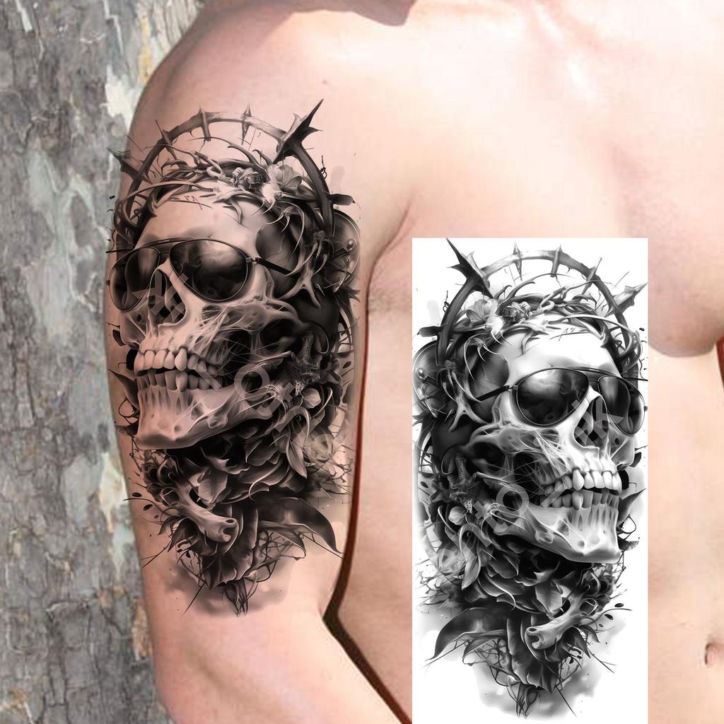 1 Sheet Scary Grim Reaper Skull Temporary Tattoos Halloween Tatoos Long Lasting Waterproof Tiger Wolf Beast Fake Tattoo Stickers
