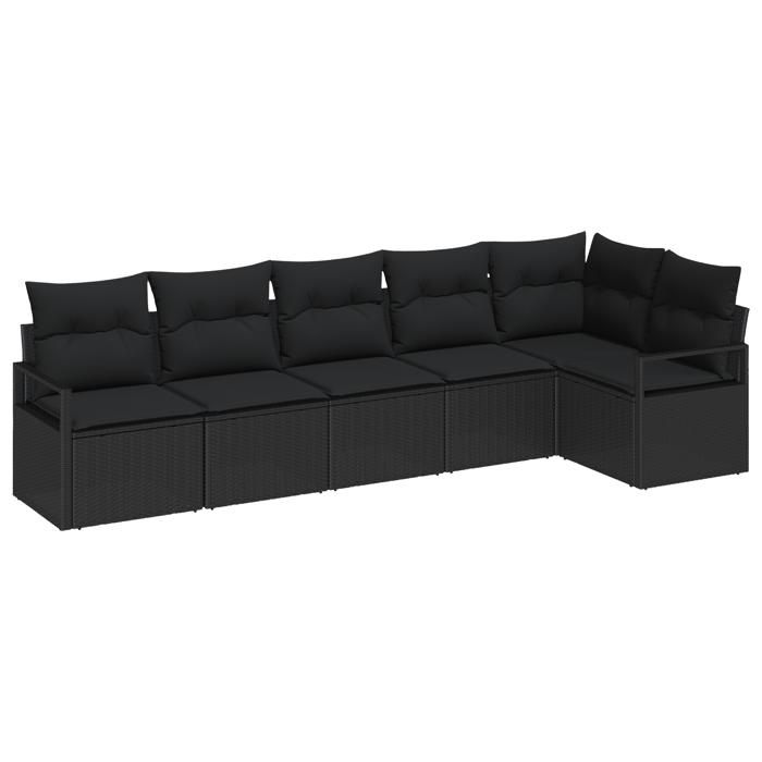 Ensemble de canapés de jardin 6 pièces avec coussins noir poly rattan, Canapé de jardin 2 places avec coussins noir poly 3346403