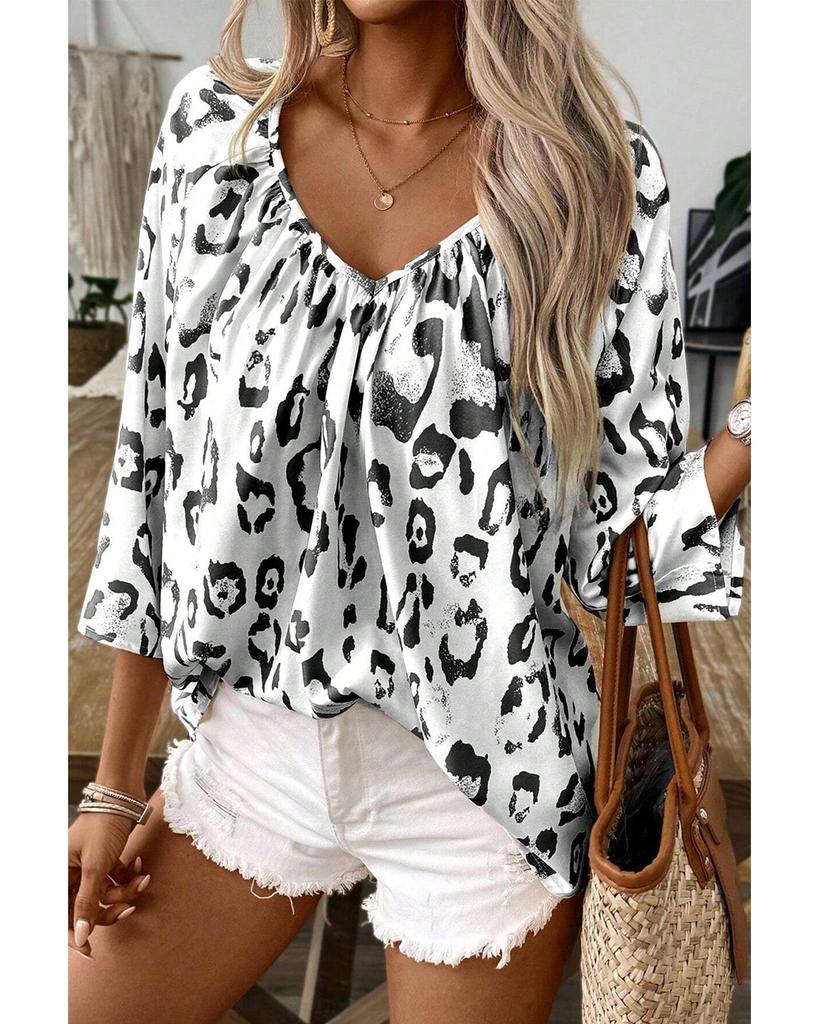 Azura Exchange Черная блузка с леопардовым принтом, V-образным вырезом и рукавами 3/4