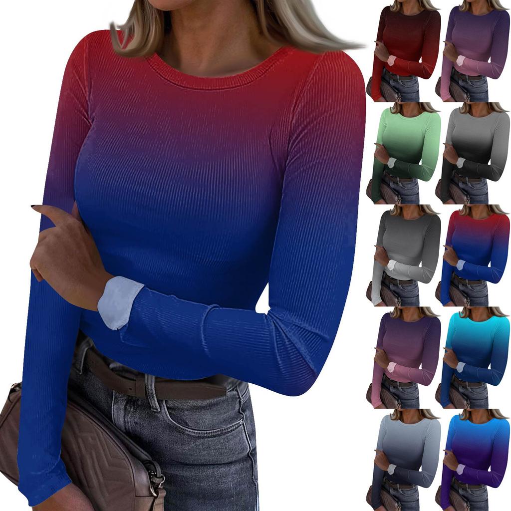 Women's  And Winter Slim Bottom T-shirt Fashion Casual Gradient Printing Round Neck Pullover Long Sleeve Top