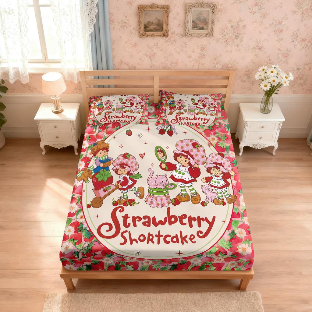 3pcs Pink Strawberry Girl Printed Chipless Bed Sheet Set Multi Size Soft Bed Cover Bedroom Bedding Decoration
