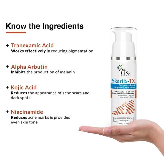 Fixderma Skarfix 4% Kojic Acid Face Serum для осветления кожи лица с 4% ниацинамида, 3% транексамовой кислоты и 2% альфа-арбутина