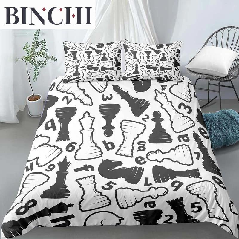 International Chess King Queen Duvet Cover Chess Board Bedding Set Black White Grid Quilt Cover Plaid Polyester