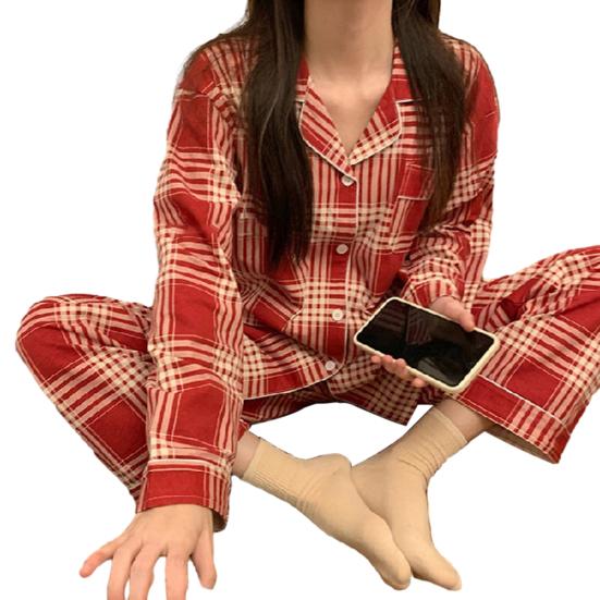 2 шт./компл., женский пижамный комплект на весну и лето, клетчатый принт с лацканами и длинными рукавами, свободный однобортный широкий комплект домашней одежды, рубашка и брюки, комплект одежды для сна