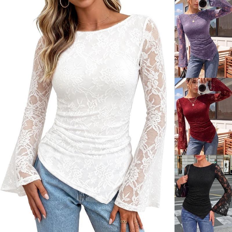 Women S Lace Flared Long Sleeve Pullover Top For Autumn