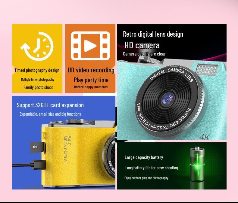 Камера CCD с двумя объективами высокого разрешения: Портативная цифровая видеокамера для студенческих вечеринок и селфи