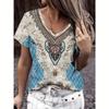 S-8XL Plus Size T Shirt For Women Vintage Ethnic Print Casual V Neck Short Sleeve Tops Tees Summer T-Shirt Oversized Clothing