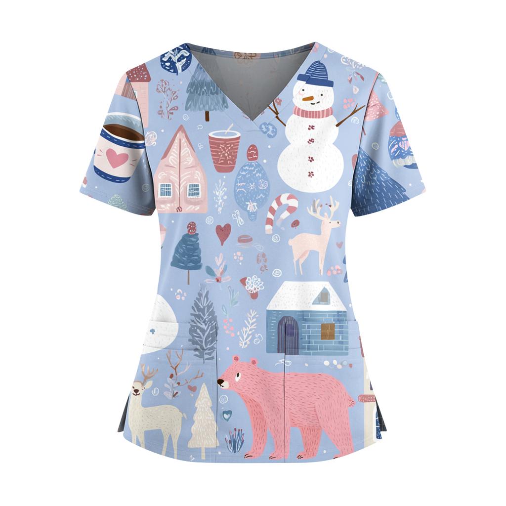 Women's Christmas Print V-Neck Double Pocket Short Sleeves Hem Slit Uniform And Caregiver Top