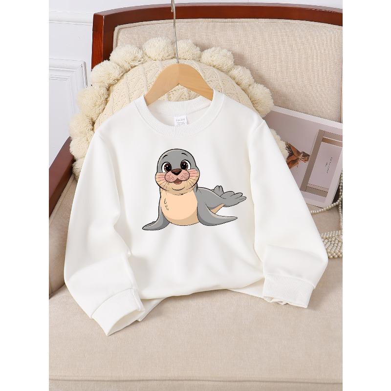 Adorable Seal Cartoon Design on a Girls' Crewneck Sweatshirt, Suitable for Machine Washing