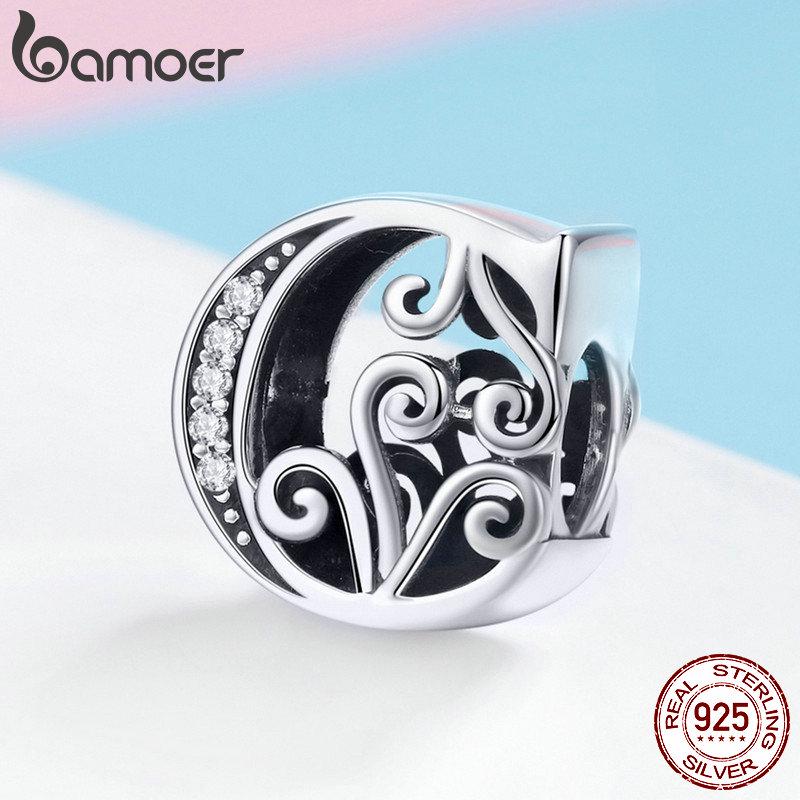 BAMOER Genuine 925 Sterling Silver Letter C Alphabet Beads Charms Fit Charm Bracelets & Bangles DIY