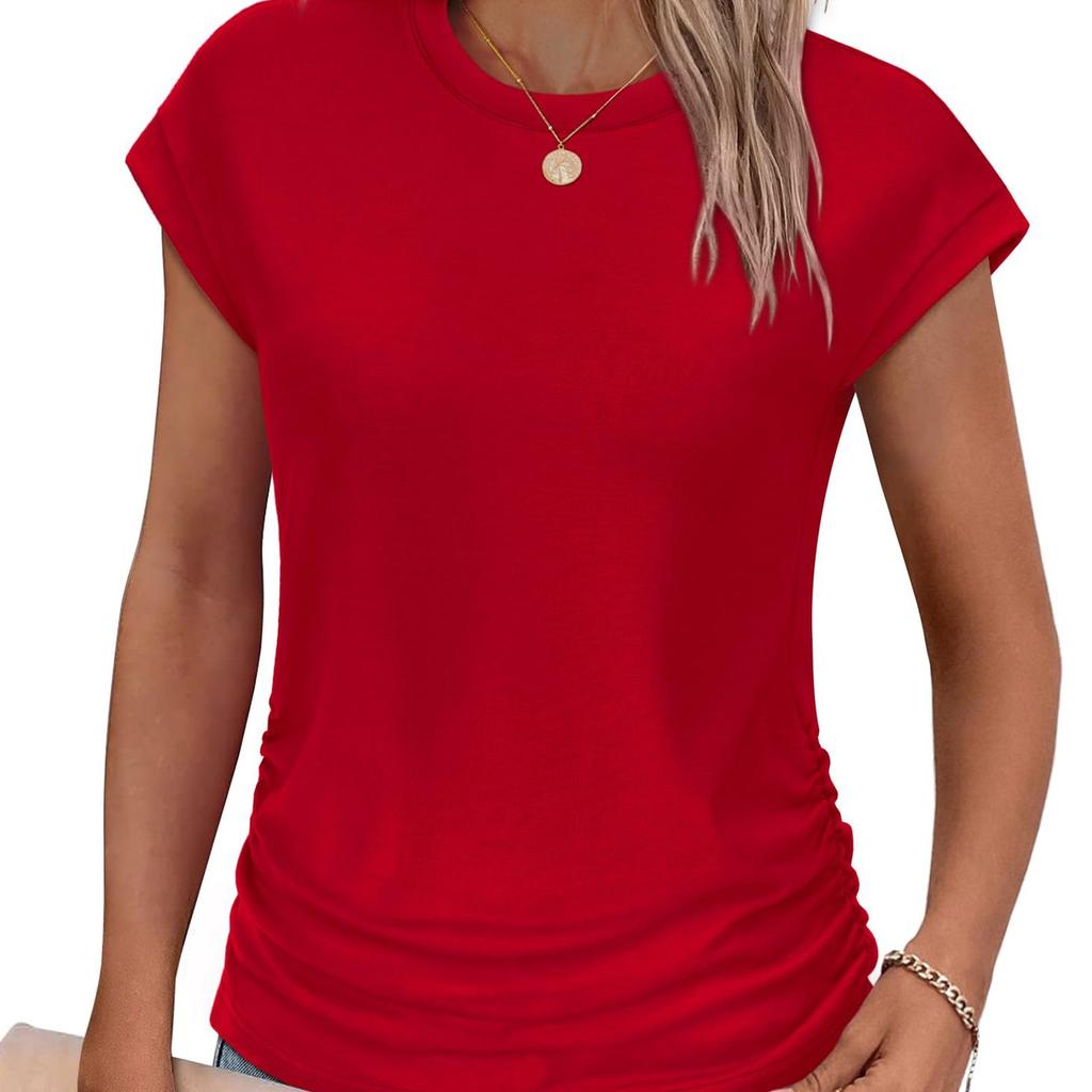 2025 Spring/Summer New Solid Color Round Neck Short Sleeve T-shirt Top for Women