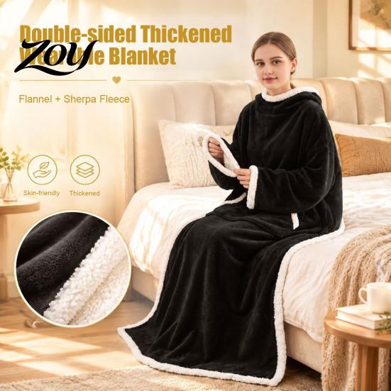 Skin Friendly Winter Blanket Flannel Wearable with Sleeves, Adults Fleece Lined Kangaroo Pocket, Soft Polyester for Cozy Plush Wrap Cold Days