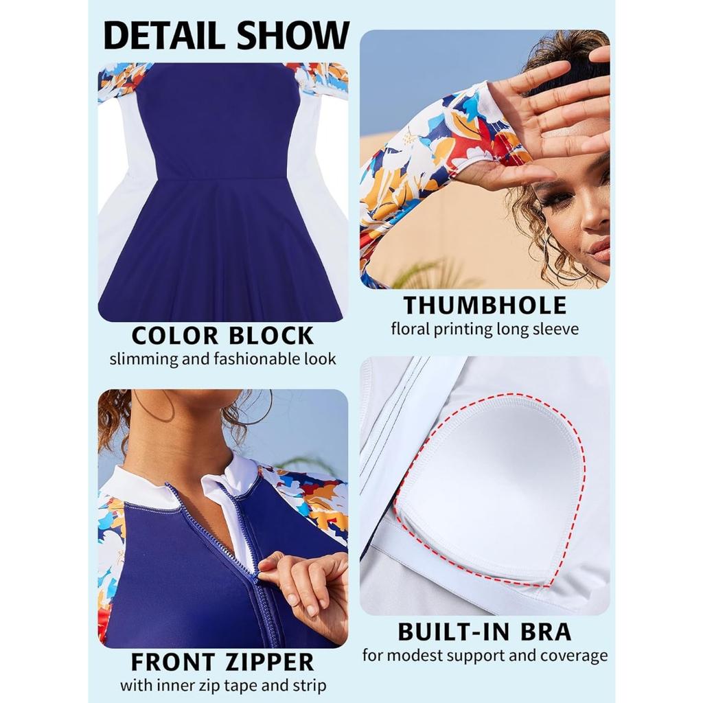 Charmleaks Скромные женские купальники из 2 предметов, платье для плавания с трусами, молния, UPF 50+, рашгард, платье с отверстиями для большого пальца